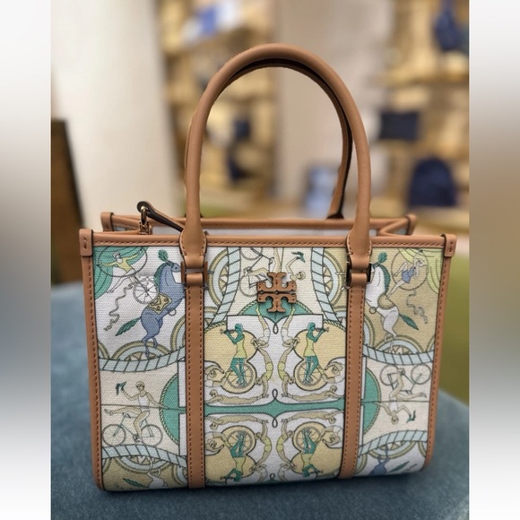 $480 Tory Burch Blake Printed Canvas Small Tote, Green Multi - Picture 1 of 10